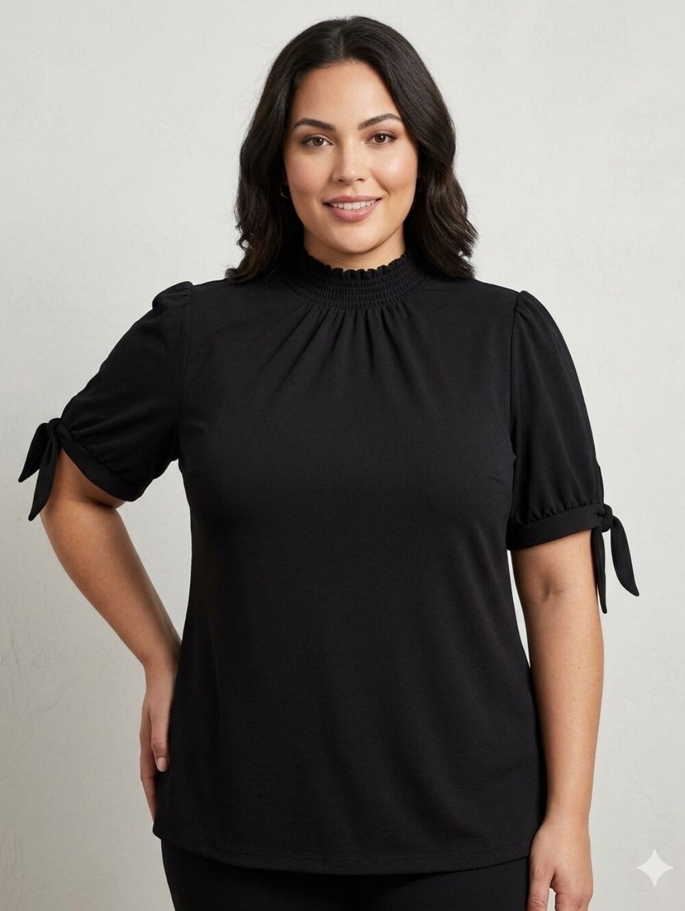CeCe Black Short-Sleeve Tie Cuff Mock Neck Blouse